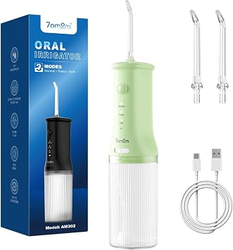 7AM2M Portable Water Flosser Cordless, Water Flosser for Teeth with 3 Modes and 2 Jet Tips, USB C Rechargeable, IPX7 Waterproof, Dental Water Flosser for Travel and Home Use Green