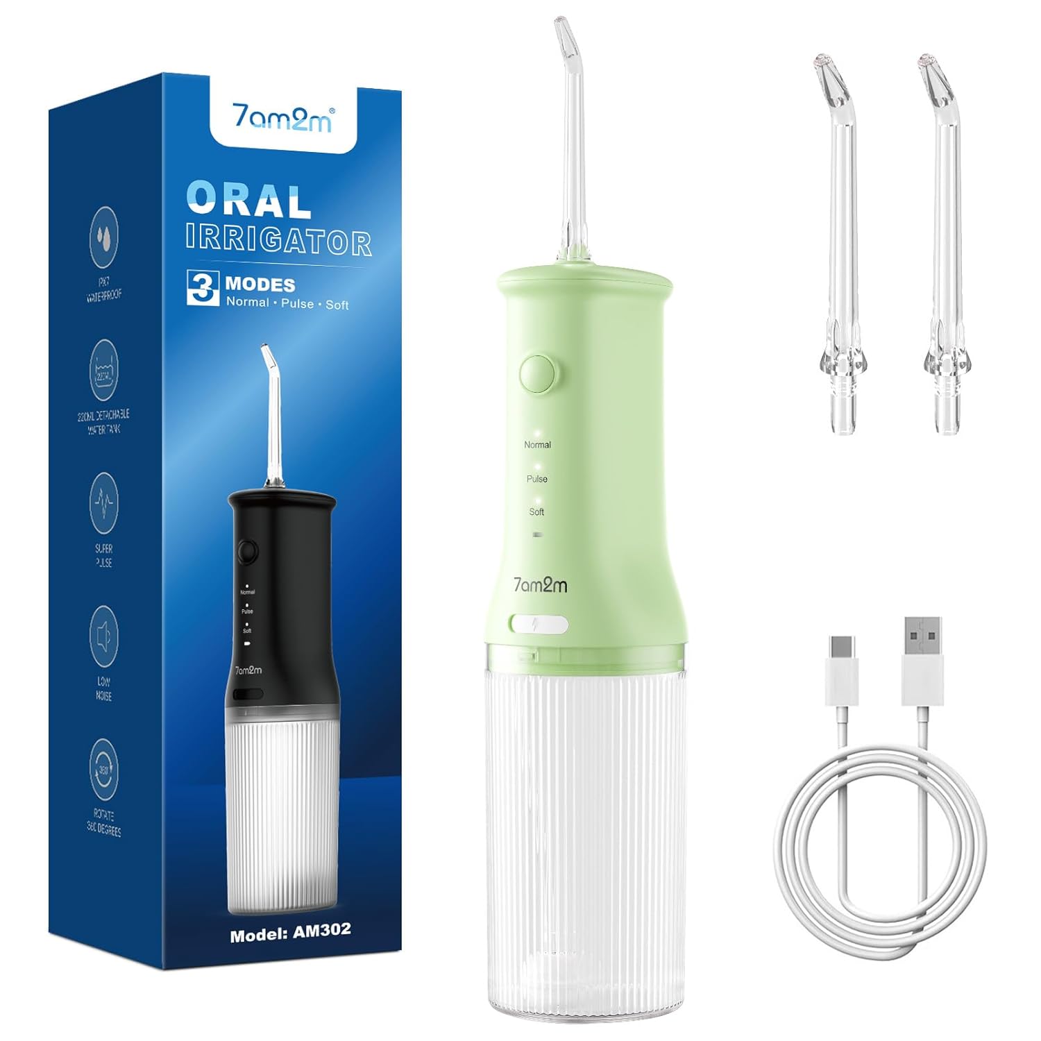 7AM2M Portable Water Flosser Cordless Water Flosser for Teeth with 3 Modes and 2 Jet Tips USB C