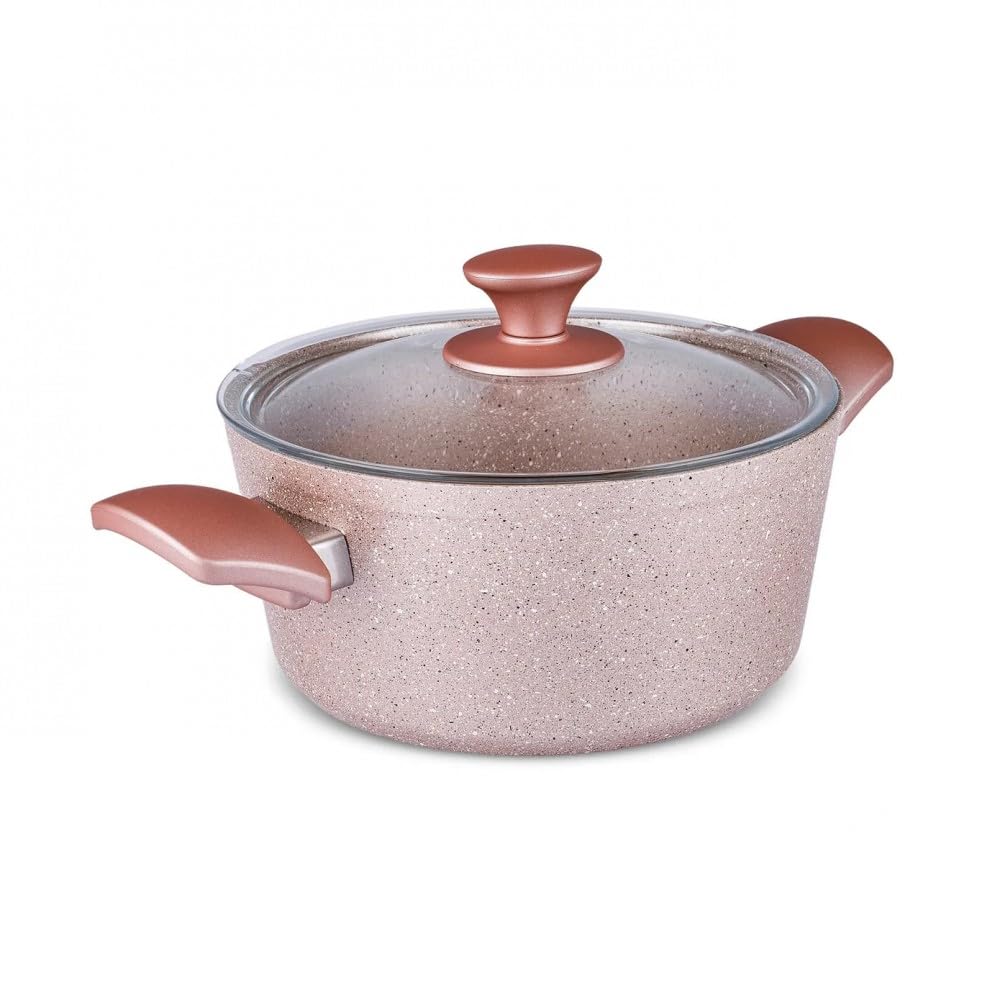 Karaca Bio Granit Töpfe und Pfannen Set, Antihaft-Kochgeschirr Set mit Glasdeckeln, 7-teilig, Kratzfest, spülmaschinengeeignet, Küchen-Kochutensilien, Induktion Roségold Topfset