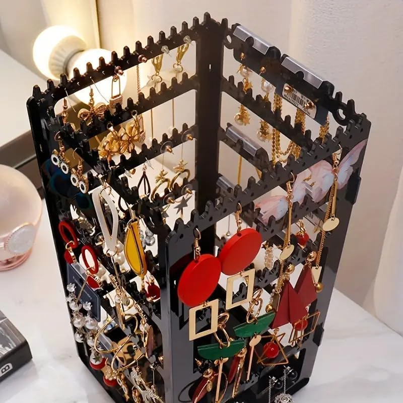 Image of DecoLogy 360 Rotating Transparent Acrylic Jewelry Organizer Tower | Earring Holder Stand with Necklace, Ring & Bracelet Storage | Dust-Free Jewelry Display Organizer for Women | 1 Piece (Black)