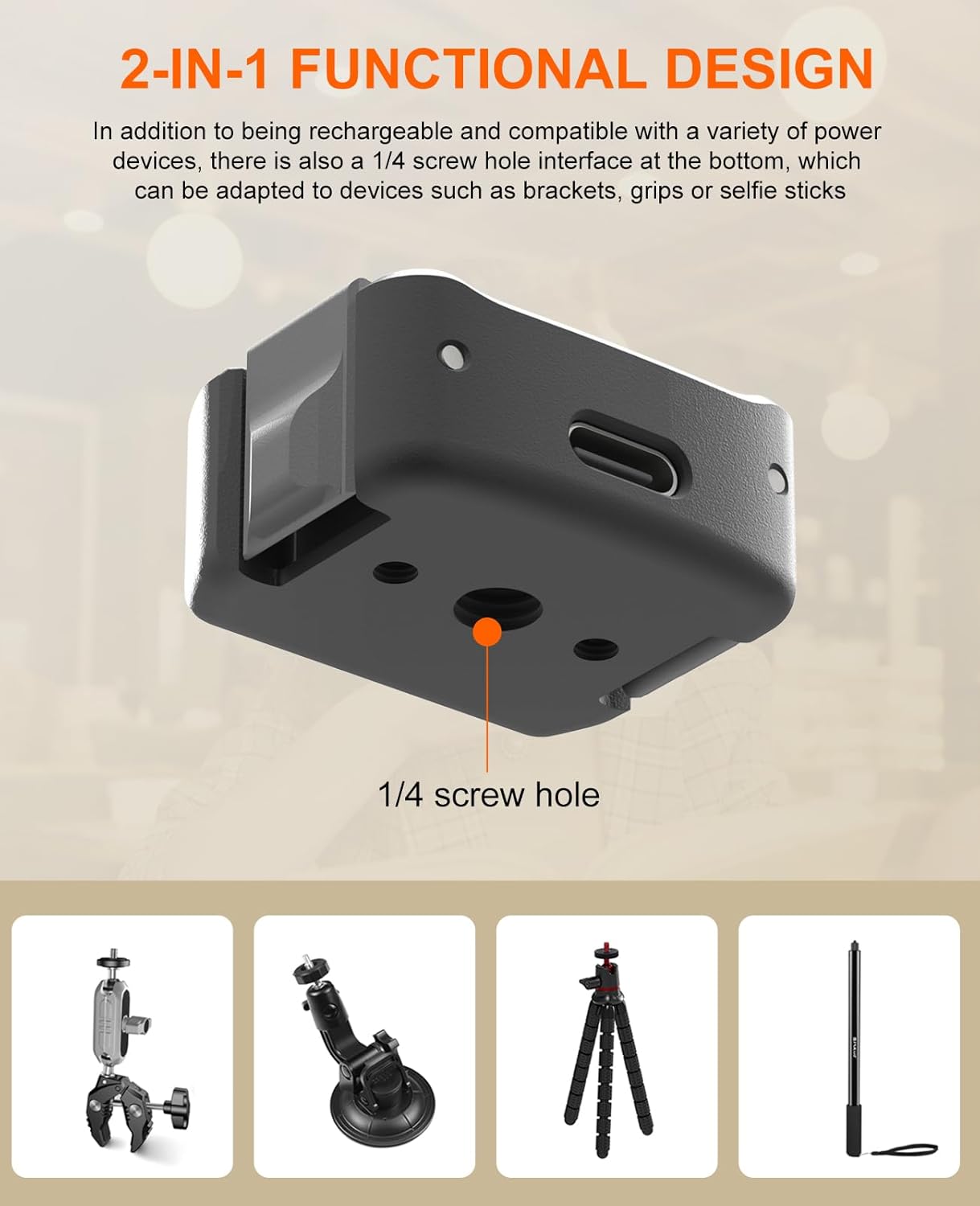 PULUZ Charging Adapter Base for DJI OSMO Pocket 3,USB-C/Type-C Aluminum Alloy Stabilizer Base Bracket,1/4 Threaded Hole and Connector on The Bottom for Mounting to Tripods, Selfie Sticks