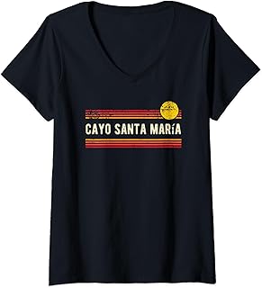 Womens Cayo Santa Maria Retro Distressed Style Sunset Design V-Neck T-Shirt