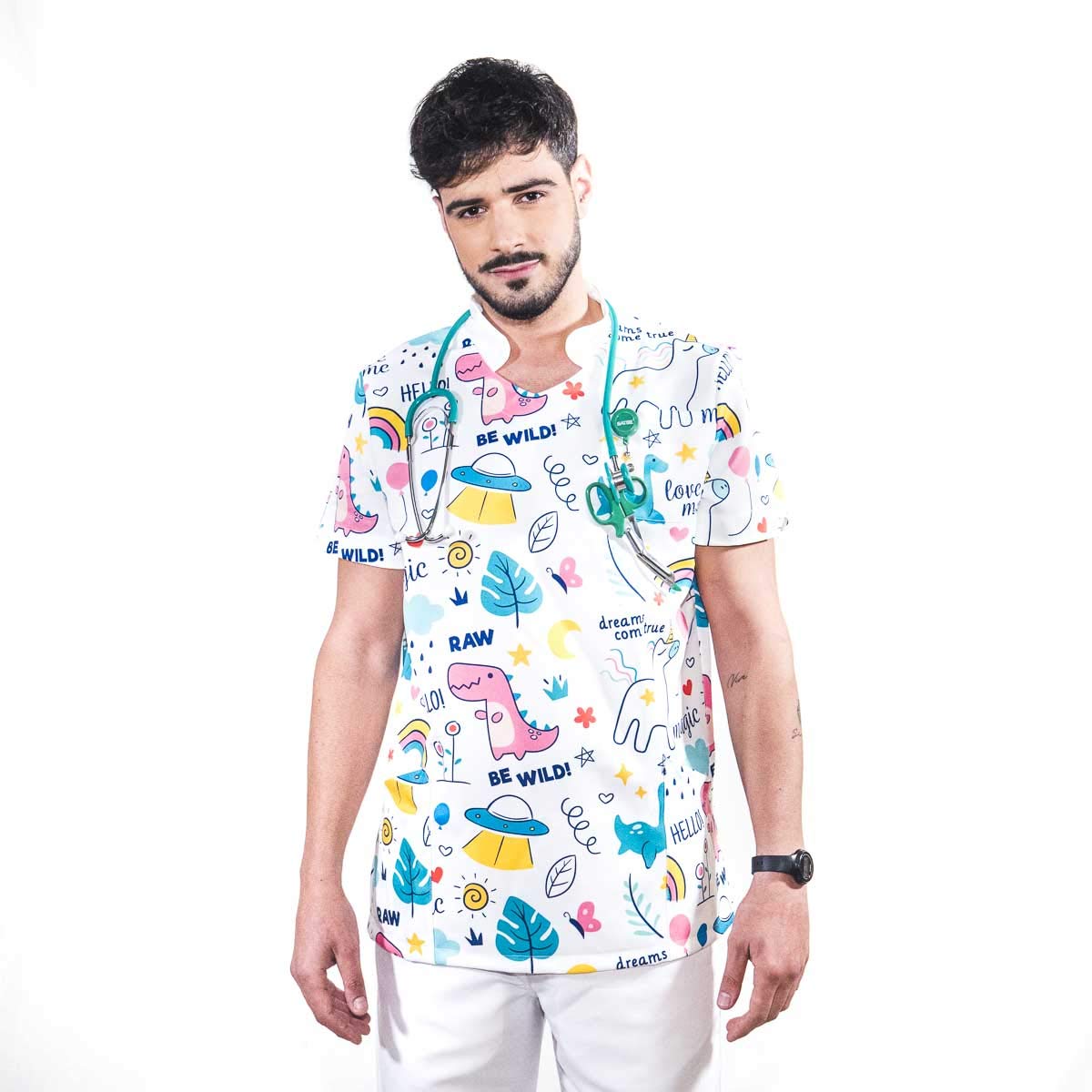Uniforme Sanitario Hombre Ropa Trabajo Pijama Medico Casaca Enfermero Estetica Peluqueria Veterinaria Hospital Limpieza y Empleado Hogar Antilejía y No Destiñe - Casaca Enanos Hombre XS