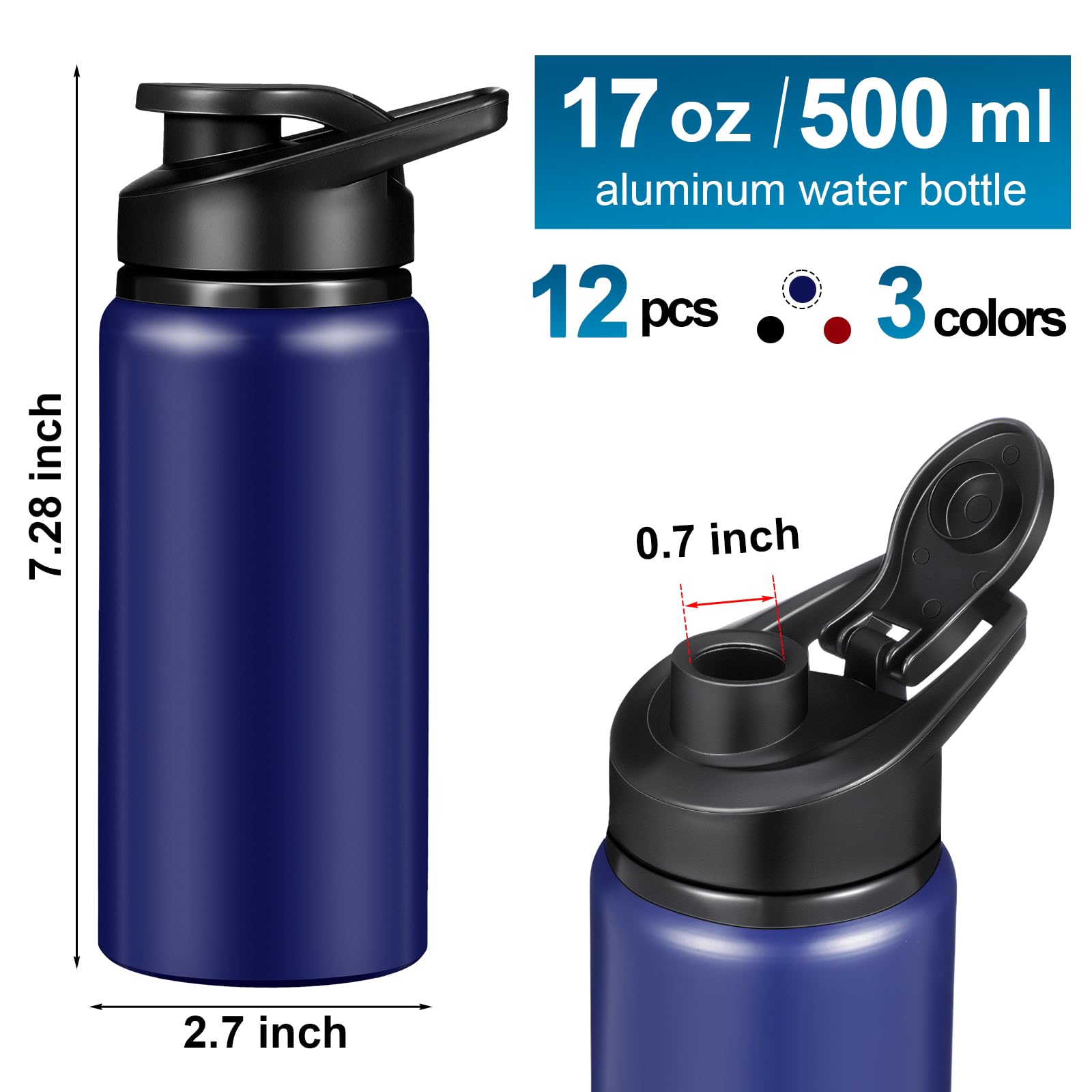 CHENGU Set di 12 bottiglie d'acqua in alluminio sottovuoto, in metallo, per sport, bici, riutilizzabili, da viaggio, con coperchio, per palestra, sport, campeggio, escursionismo, pesca (500 ml)