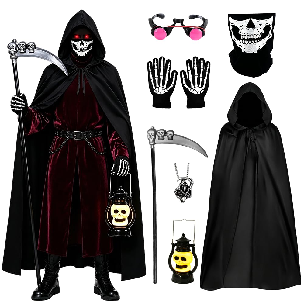 Mineup 8PCS Grim Reaper Costume Kids Adult, Grim Reaper Halloween Costume