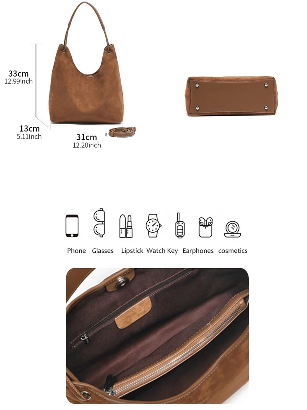 Bolso bandolera vintage de piel ante con un solo hombro, espacioso bolso mano for mujer Para la Escuela, el Trabajo