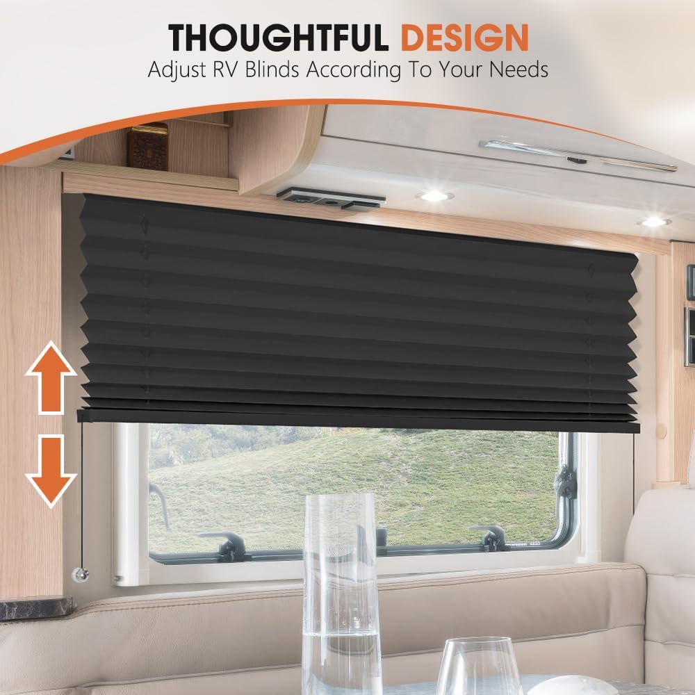 SEEYE RV Blinds, Blackout RV Curtains for Camper Window 32'' W * 24'' L RV Pleated Shades Camper Blinds with Aluminum Foil, RV Accessories Window Coverings for Travel Trailer Window Shade, Black