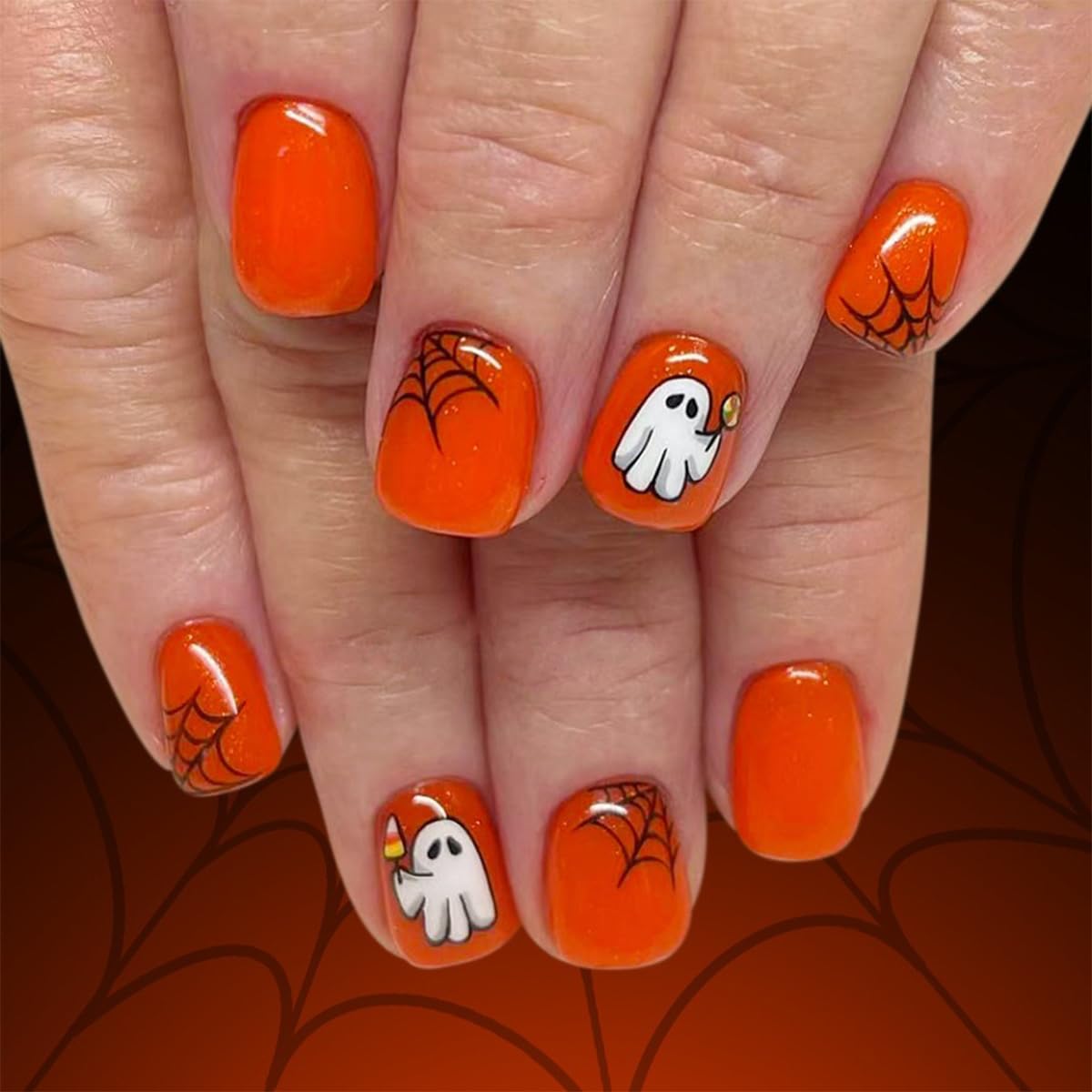 Orange Glossy Press on Nails Halloween Acrylic Nails Short Square Fake Nails Cute Ghost Spider Web Designs False Artificial Nails Reusable Full Cover Glue on Nails for Women Girls 24Pcs