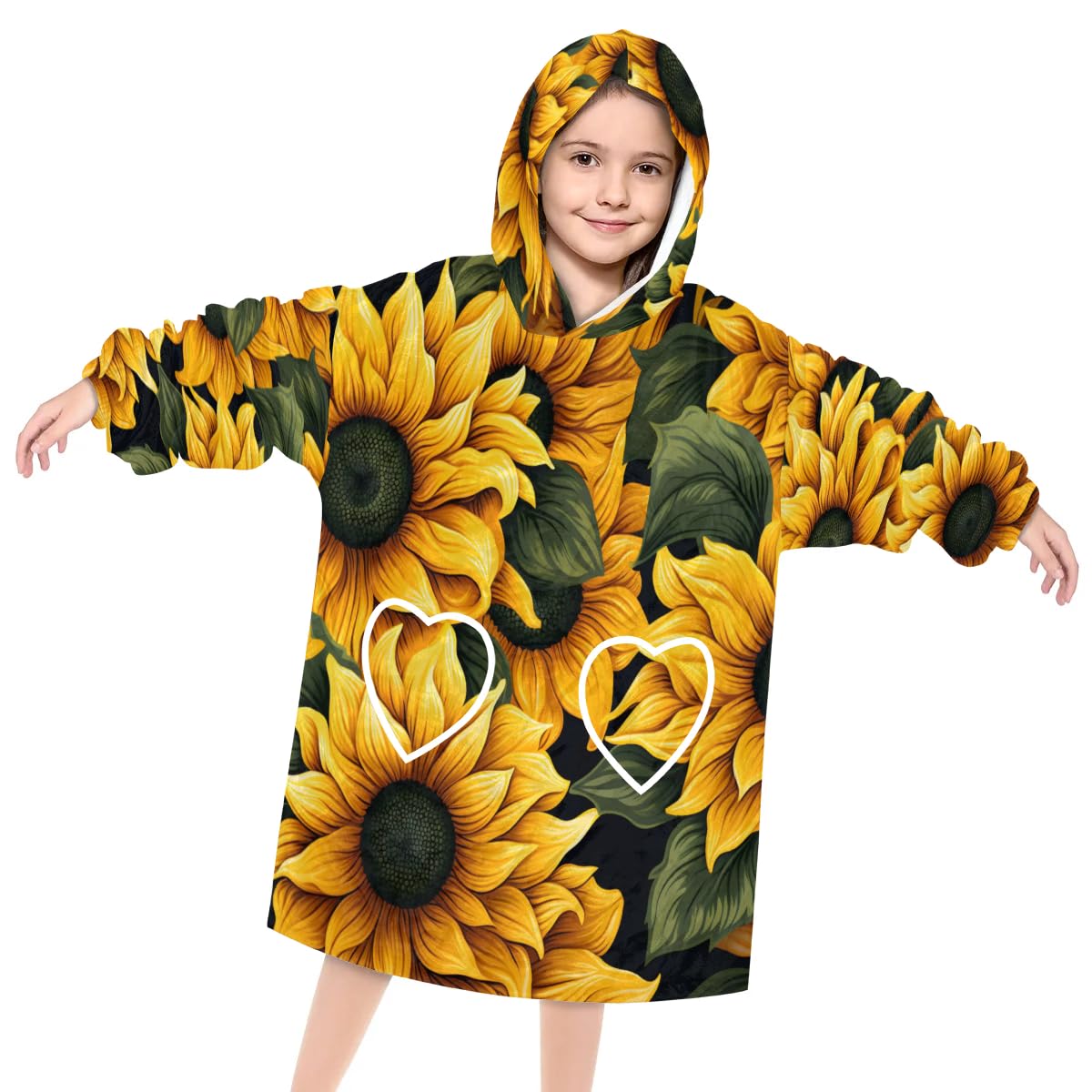 Pardick Wearable Blanket Hoodie for Kids, Bright Sunflower Fleece Sweatshirt Blanket Oversized Blanket Sweatshirt with Pocket Flannel Warm Hooded Blanket 6-10 Year Old Girl Boy Gift, One Size