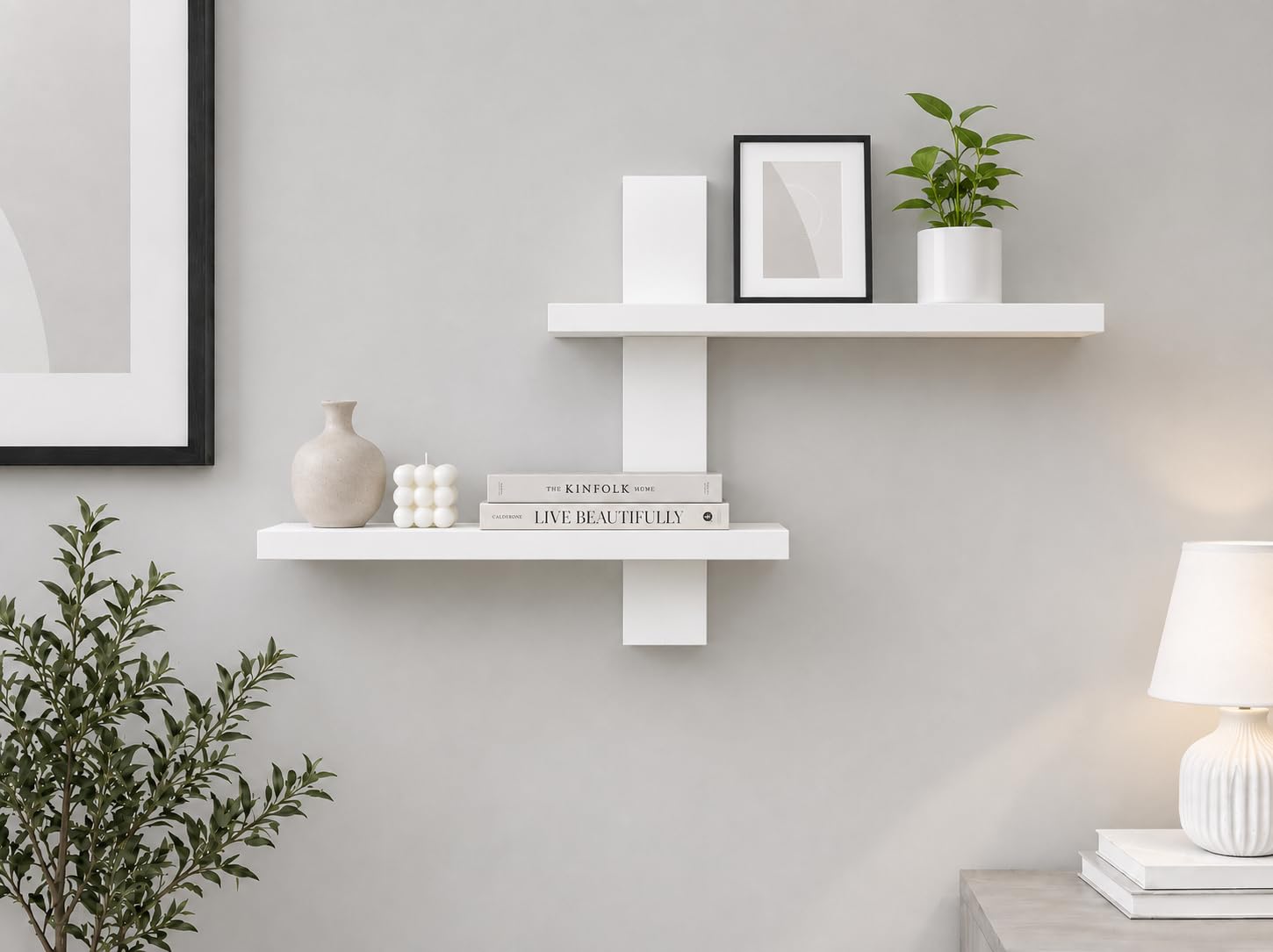 Elcom Handicrafts Modern Wall Mounted Floating Shelf Decorative Wooden Wall Shelf for Living Room, Bedroom, Office & Home Decor Space Saving Display Organizer Shelf (White)-image-10