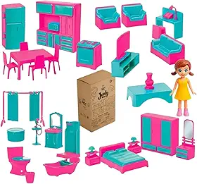 Kit Casa de Boneca Judy Home Completa Mobiliada 4 Cômodos e Boneca 31 Peças