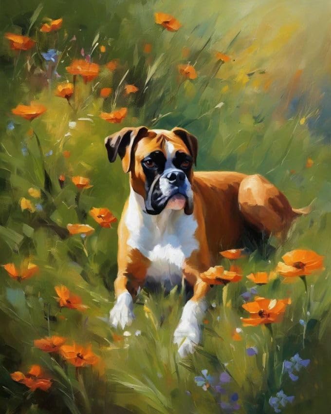ZMHZMY New Paint by Numbers for Adults Boxer Dog on Flower Meadow DIY Digital Painting by Numbers Kits On Canvas- Wall Art Artwork Landscape 40x50cm Without Frame