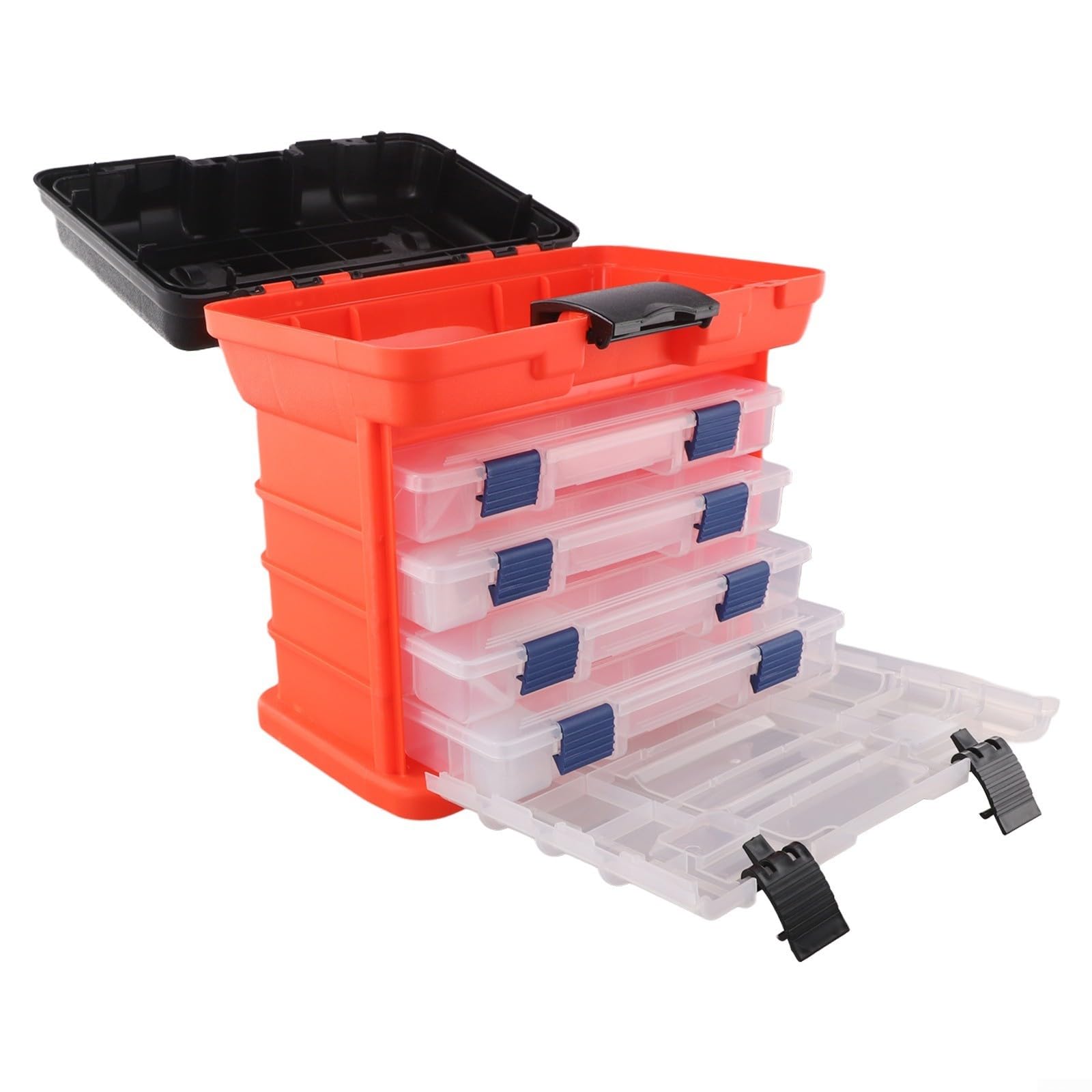 Caja de aparejos de pesca, organizador de almacenamiento portátil de 4 capas con asiento de asa plegable, bloqueo de hebilla gruesa para líneas de carretes de señuelo, caja de engranajes