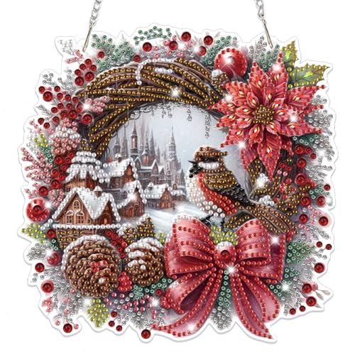 Bowetile Christmas Diamond Art Hanging Wreath Kits for Adults, Diamond Art Suncatchers Winter, 5D Special Shape Diamond Painting Pendant Window Ornament Christmas Gifts for Home Door Wall Decor