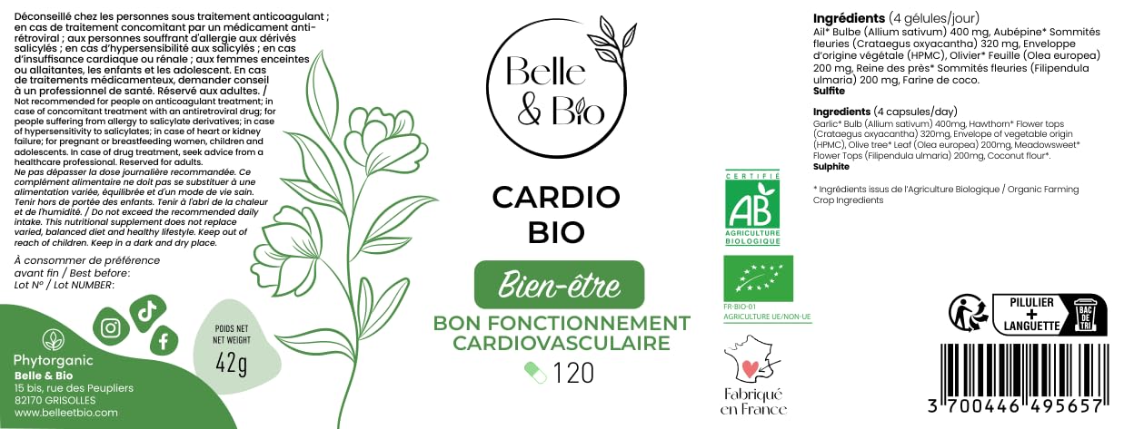 ACTION CARDIOVASCULAIRE & CHOLESTÉROL - CARDIO BIO - Ail, Aubépine, Olivier, Reine des Près Bio certifiés Ecocert - 120 gélules - Pilulier - Fabriqué en France