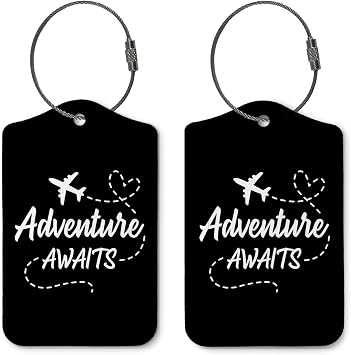 Adventure Awaits Luggage Tags for Suitcases,Travel Gift for Couples,Black 2 Pack Baggage Tag Label with Steel Loop,Funny Party Gifts,Handbag School Bag Backpack Traveling Accessories