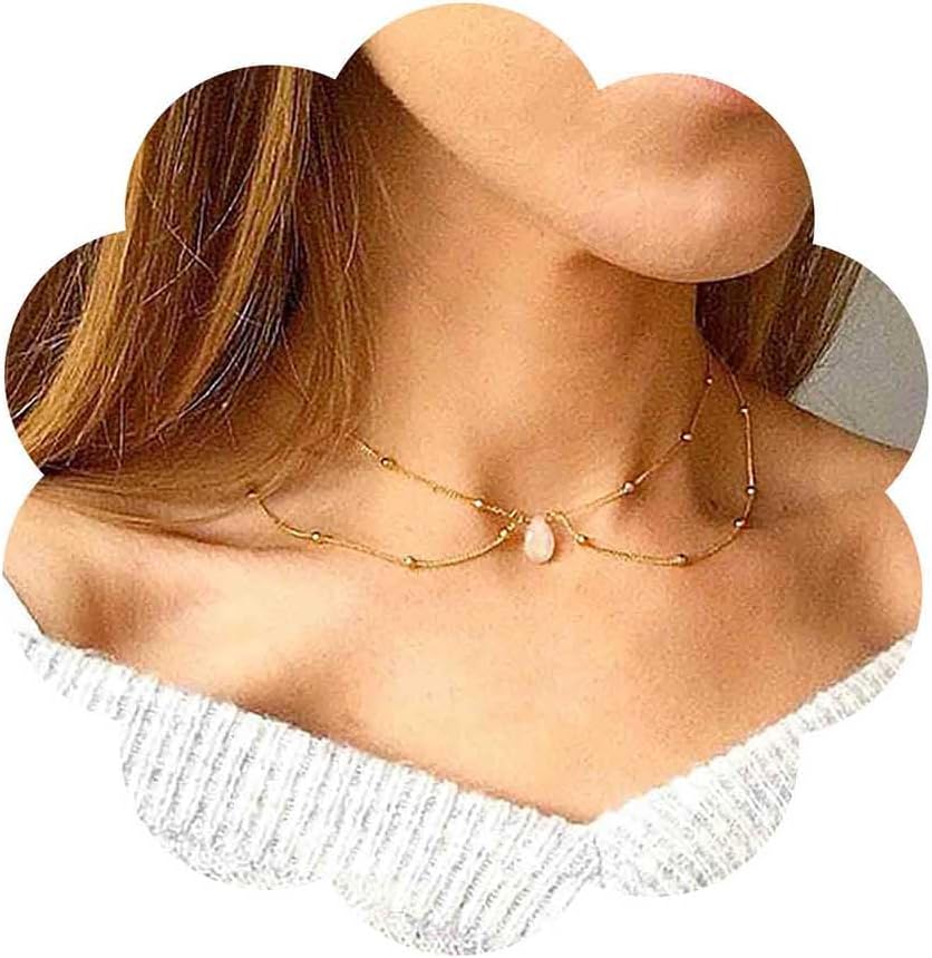 Vintage Layered Bead Chain Choker Necklace Gold Teardrop Gemstone Necklace Beaded Satellite Necklace Crystal Waterdrop Necklace Opal Chain Necklace Jewelry for Women
