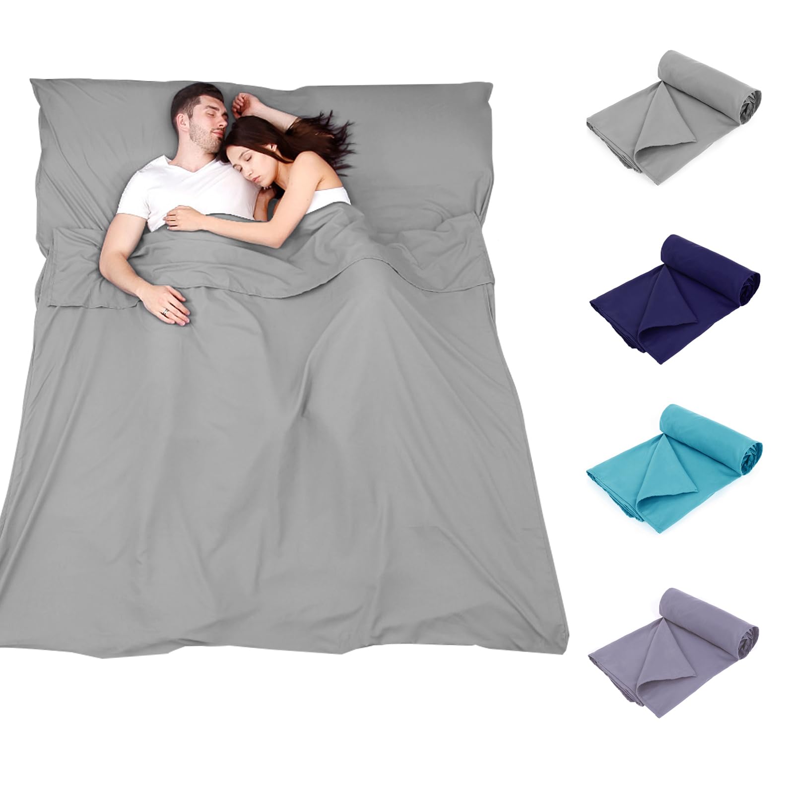 Plliocse Sleeping Bag Liner Travel Sheet Sleeping Bag, Double Size 180 x 210 cm Sleeping Bags Liners with Pillow Pockets for Adults, Travel, Hotels, Business Trip, Camping (Grey, 180cm x 210 cm)