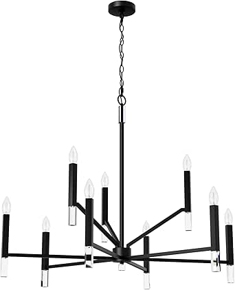 Hunter - Sunjai 9-Light Matte Black, Extra Large Chandelier, Dimmable, Formal Style, Candle Shaped, for Bedrooms, Kitchens, Dining, Living Rooms - 45232