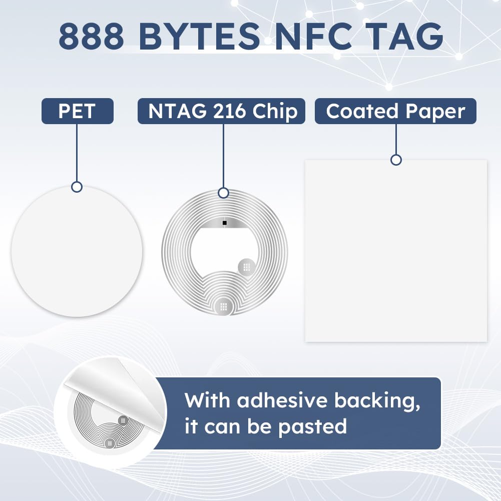 AXFEE 60 szt. znaczników NFC NTAG216, białe okrągłe naklejki NFC, średnica 25 mm, programowalne znaczniki NFC, pamięć RFID 888 bajtów, kompatybilna ze wszystkimi telefonami i urządzeniami