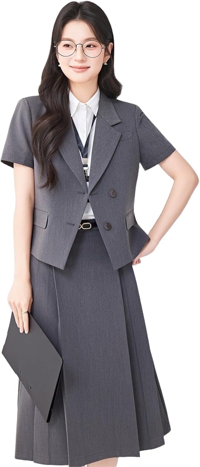 Women's Blazer with Pleated Skirt Set for Work Office Uniform