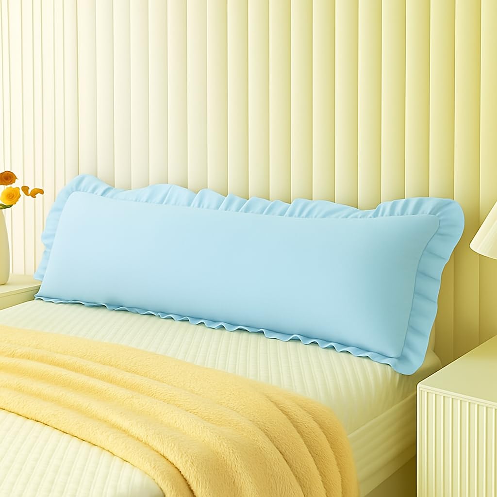 Pregnancy Pillow Cover with Ruffles Style – 100% Pure Cotton 400 TC, Ultra Soft & Breathable Body Pillowcase, Zipper Closure, Machine Washable, Long Size 20x54 Inches Full Body Support Light Blue-image-17