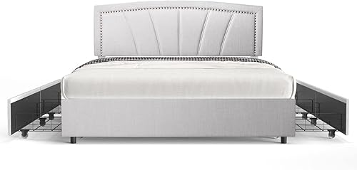 BONSOIR Marco de cama tapizado de perfil bajo con cabecera capitoné y clavos no necesita somier 4 cajones extraíbles tela de lino gris claro tamaño