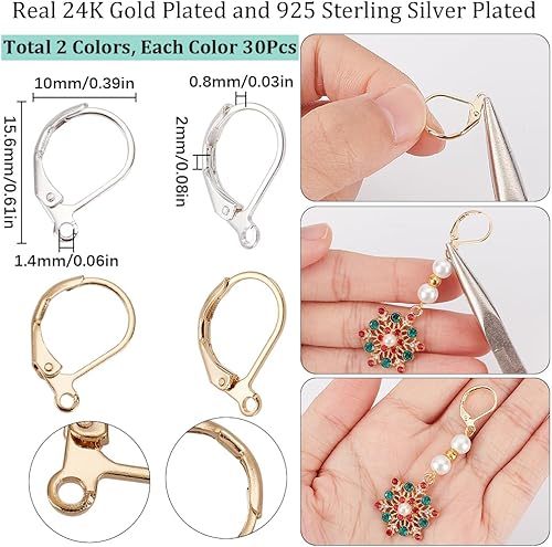 Miniatura 25 de SUNNYCLUE 1 caja de 80 ganchos para aretes chapados en oro real de 18 quilates, de acero inoxidable con cierre de palanca, aros de palanca para 80