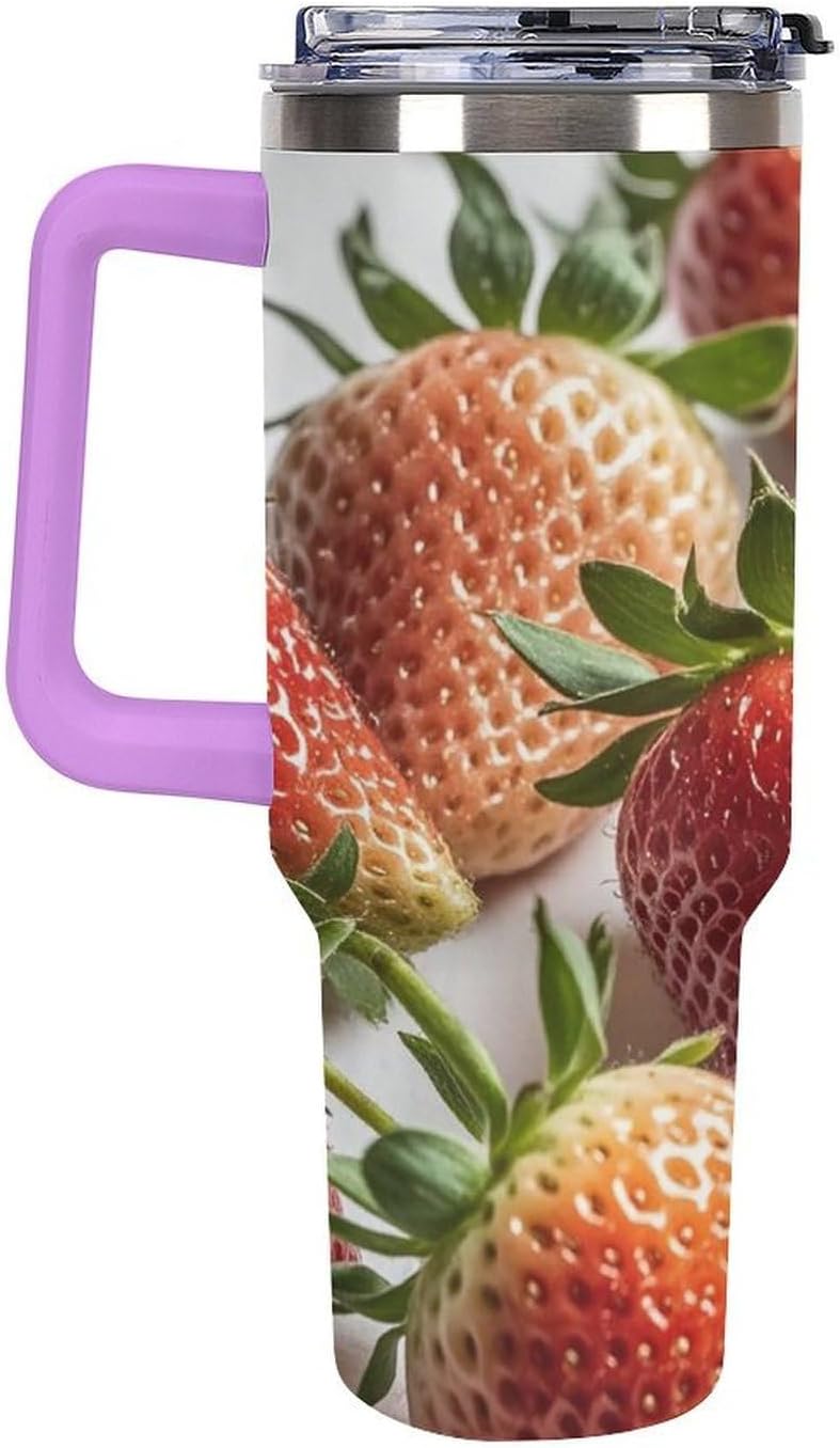 Strawberry Pattern Travel Coffee Mug Reusable Durable Stainless Steel Insulated Tumbler with Handle And Straw Leak Resistant Portable Thermal Cup Gifts for Men Women 40 Oz