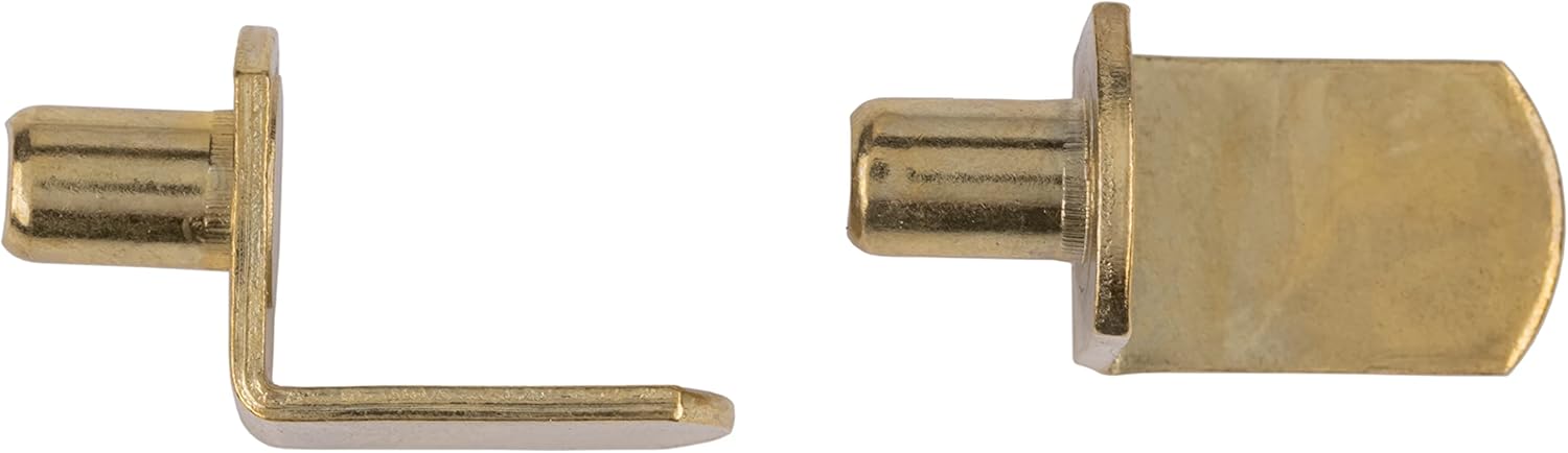 Brass Plated L Shaped Bookcase Shelf Support Pegs | Stud for 1/4" Hole | Pack of 12 | Book Shelf Pins for Bookcases, Cabinets | Furniture Hardware | B2-SB