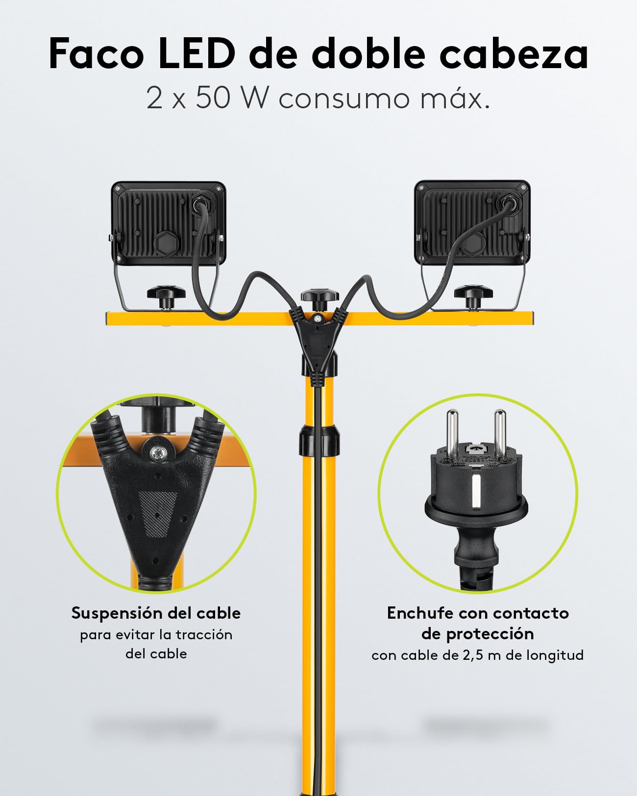 goobay Foco LED para Obras 49984-Foco construcción telescópico (Doble Cabezal, para Uso en Interiores y Exteriores, trípode de Metal, luz Blanca fría), Negro, Amarillo, 2x 50 Vatios