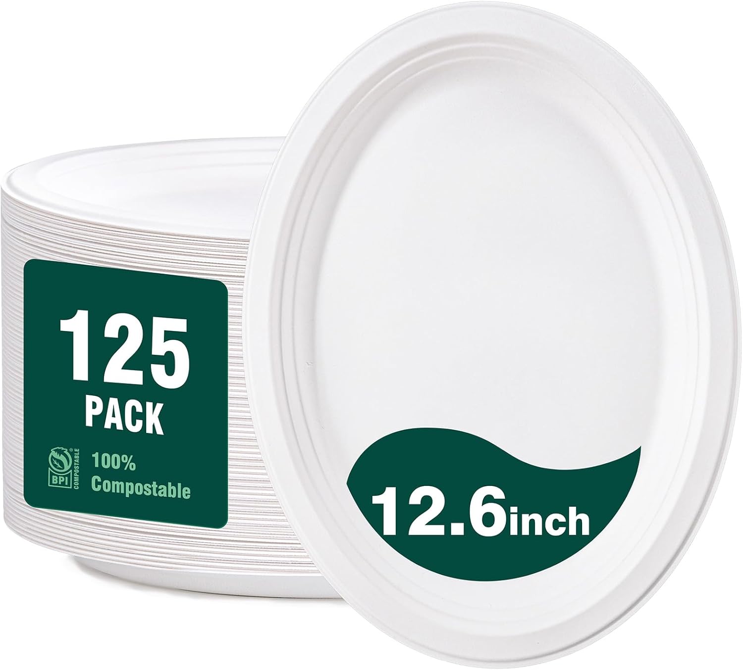 DaYammi 100% Compostable Oval Paper Plates 12 Inch, 125-Pack Heavy Duty Paper Plates Bulk,Biodegradable Bagasse,Eco-Friendly Disposable Dinner Plate for BBQ,Picnic,Party (BPI Certified,Microwaveable)