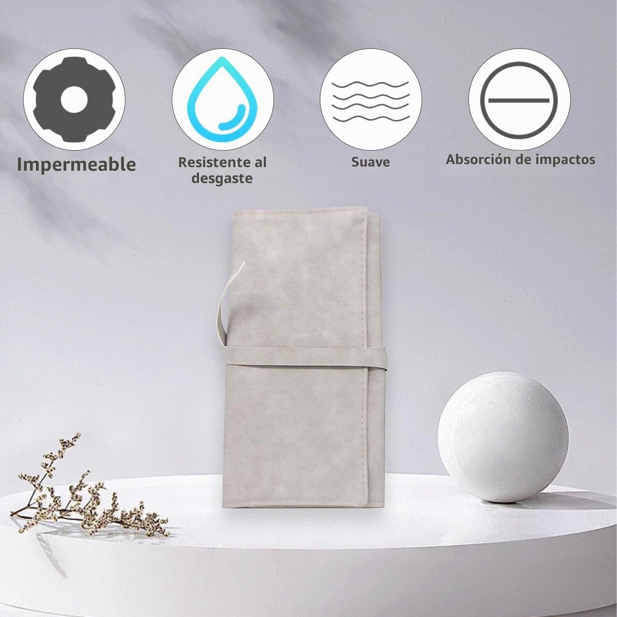 Estuche enrollable para brochas de maquillaje suave gris, organizador de brochas cosméticas mini, portátil, con 14 bolsillos, para viajes de negocios, bolsa de transporte
