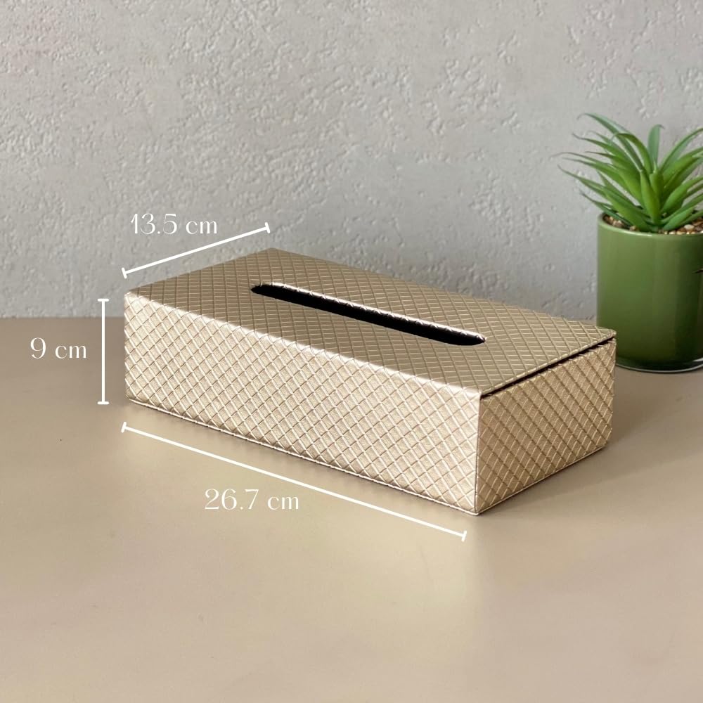 Mason Home Vegan Leather & MDF Braided Tissue Box - 1 Piece - L 10.5" x B 5.25" x H 3.5" | Paper Napkin Holder | Tissue Case - Dispenser - Organizer | Home - Office - Table - Car (Golden) 1