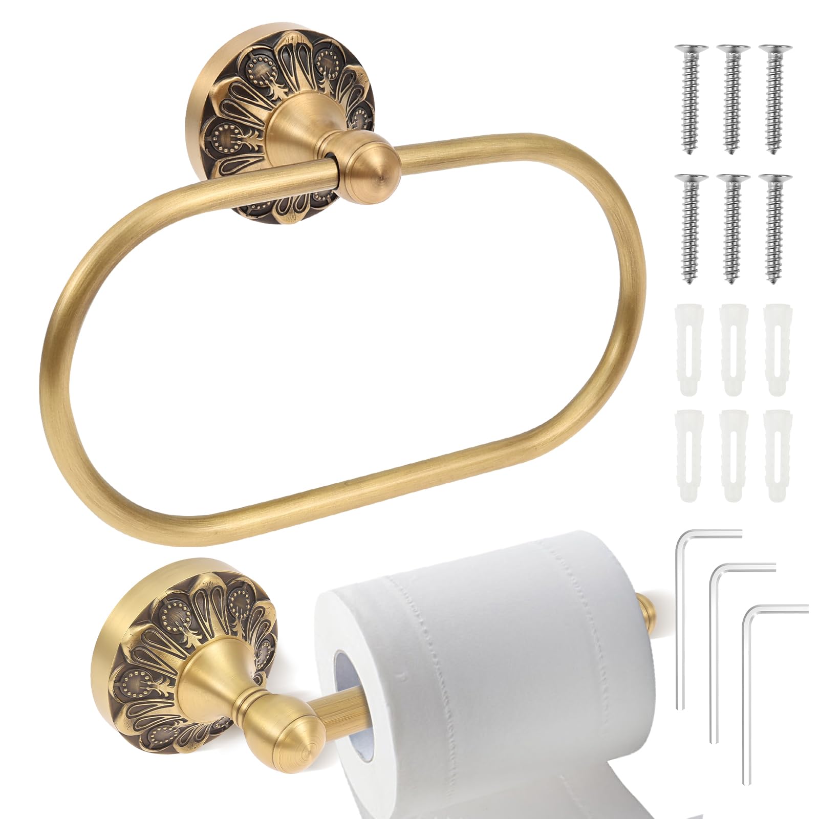 Zhjiutak Style 1 2 Pcs Antique Brass Toilet Paper Holder, Retro Brass Hand Towel Rack Ring Tissue Roll Paper Hanger Bathroom Hardware Wall Mounted Vintage Bathroom Accessories(Style 1)