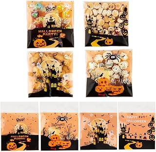 100 PCS Halloween Self-sealing Candy Bags(4x4 Inch) Trick or Treat Ziplock Cellophane Bags for Goodie Treat Cookie Goody Gifts Wrap Pumpkin Castle Spider Ghost Pouches Halloween Party Favors Supplies