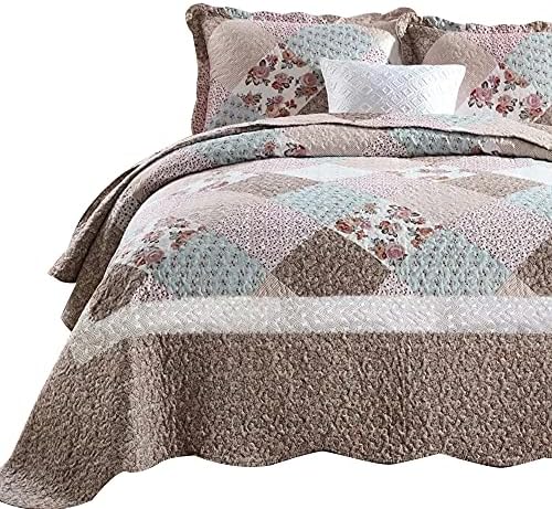 ENJOHOS Quilts Queen Quilt Set with Pillow Shams Lightweight Reversible Bedspread for Queen Bed Korean Style Pink Flower Garden on Kaki Daybed Bedding