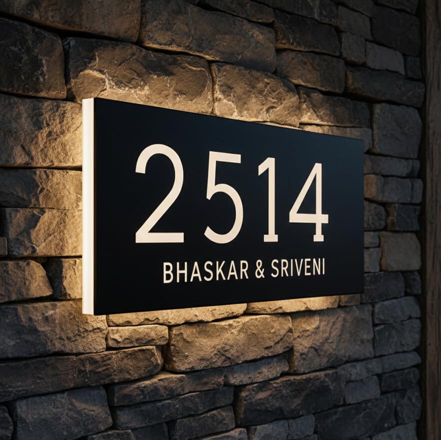 Aarushi Creations Acrylic Personalized Home Door Name Plate with LED Light - 3 Year Warranty - 10 Year Design Life - Acrylic Embossed letters, Mirror shine, White, Sun & Rain Suitable (16x8 in 3 mm)-picture-18