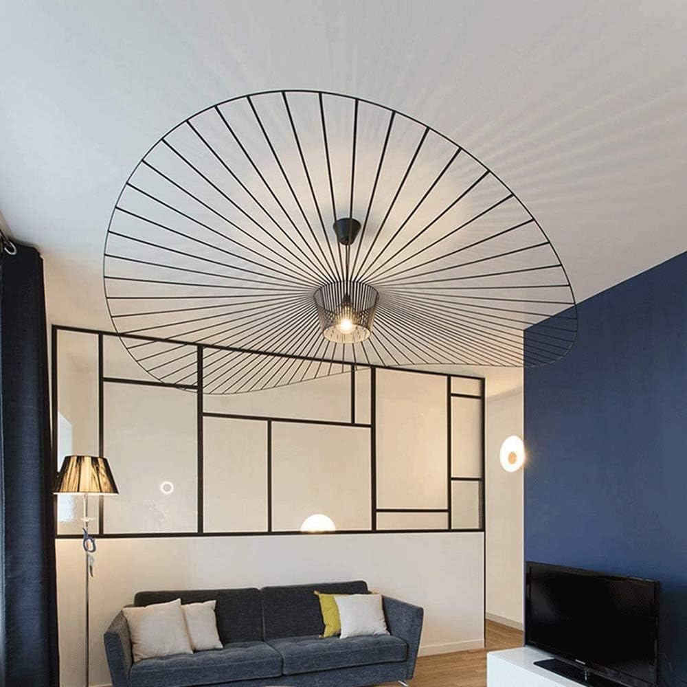 Vintage Pendant Light for Living Room Simple Creative Ceiling Light (Adjustable Light Height), Fibreglass Hat Design + Fibre Fabric E27 Max 40W (Black, 170cm)