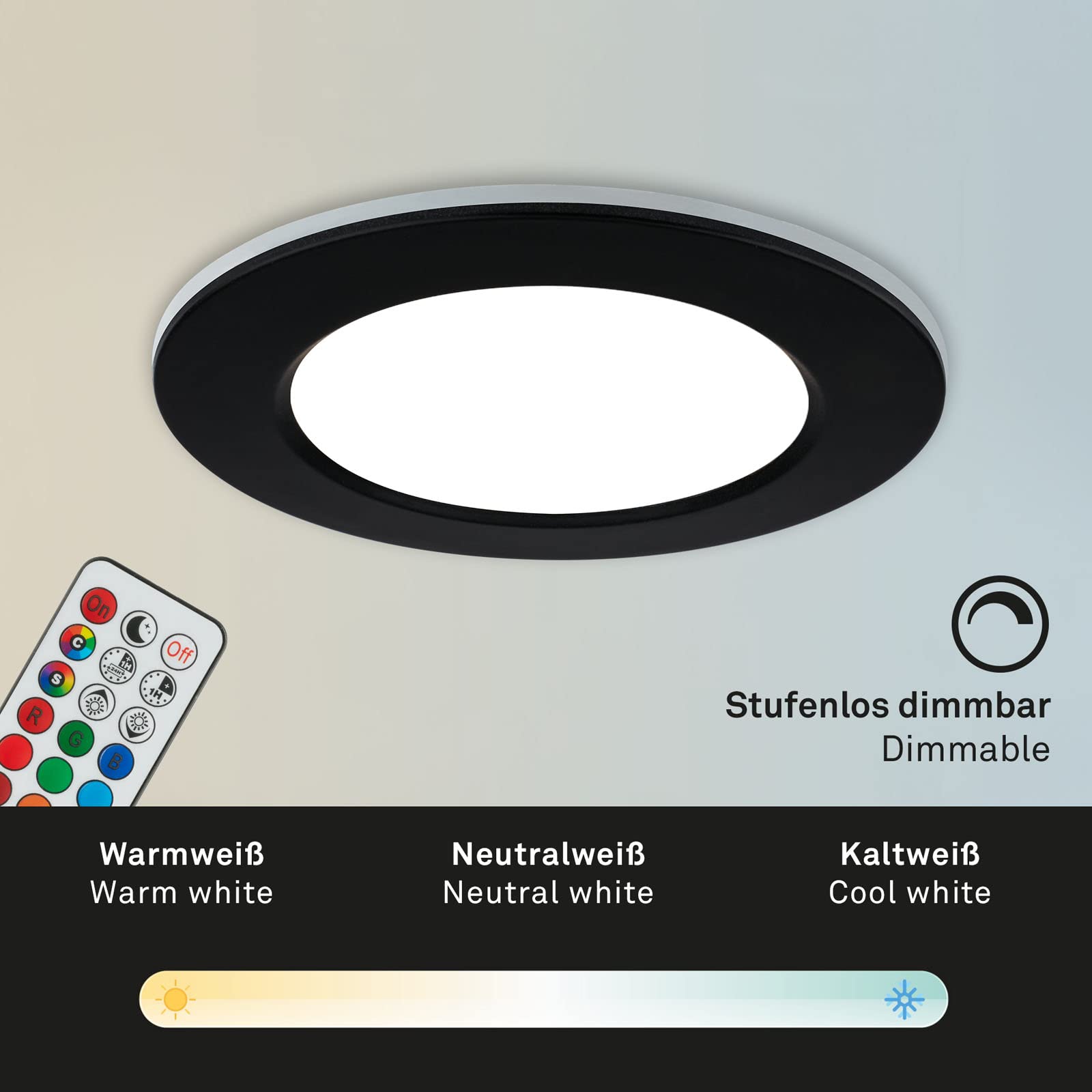 BRILONER - Set di 3 luci da incasso LED a soffitto, luci da incasso RGB CCT, faretto da incasso LED per bagno, faretto da incasso per bagno IP65, nero, 92x45 mm (DxH)