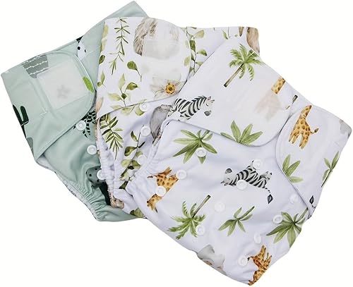 Miniatura 4 de 3 unidades de pañales de tela reutilizables con diseño de sujetadores de gancho y bucle con 3 insertos de microfiador (estampados de animales)