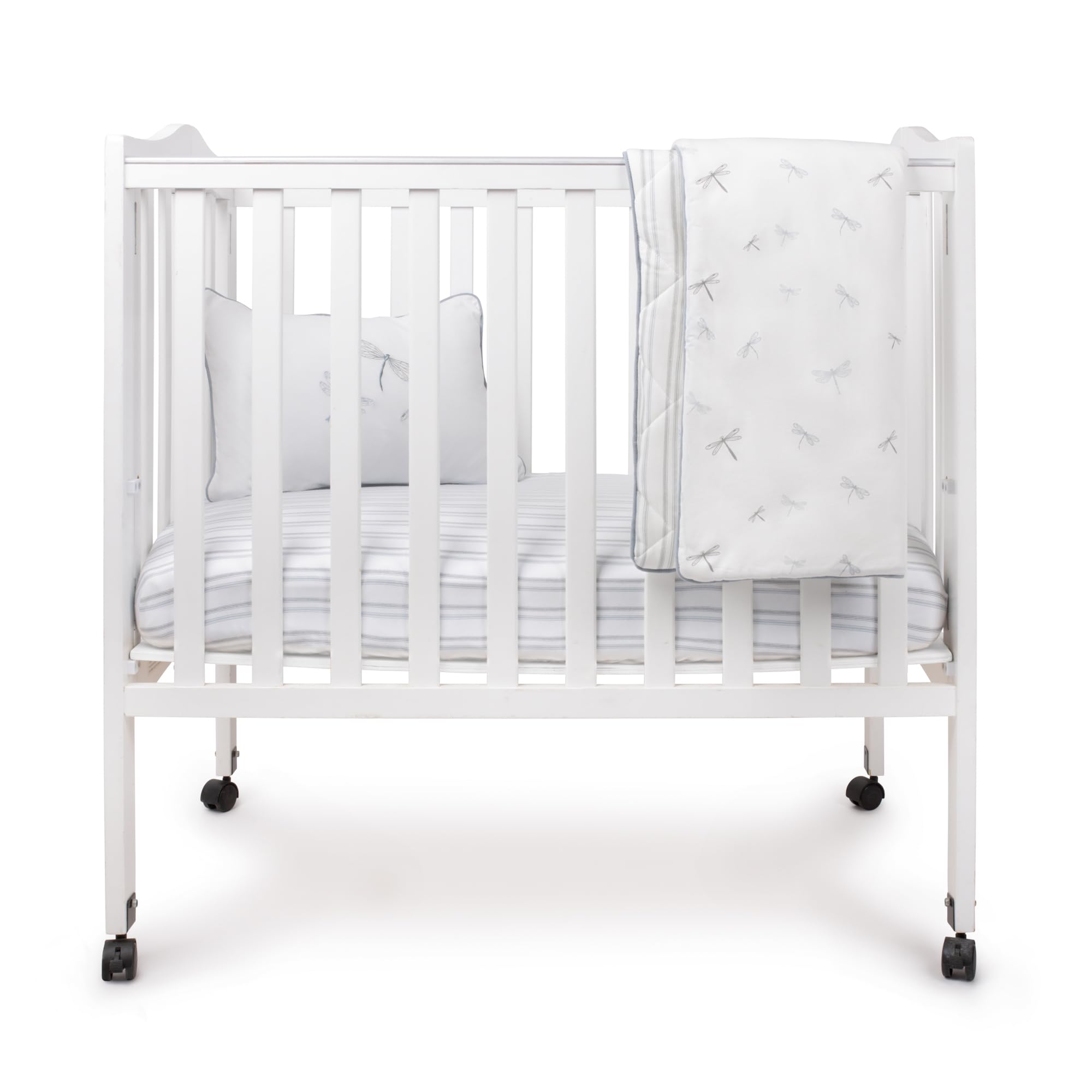 Ely's &amp; Co. Mini Crib Bedding Set for Boys, 4 Piece Set - 1 Fitted Mini Crib Sheet, Quilted Comforter and Decorative Pillow, Blue Dragonfly + Stripe Collection