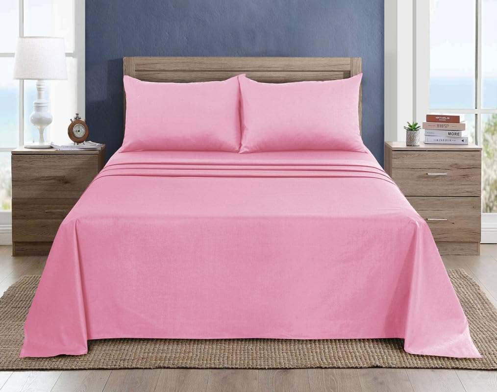 WEAVERS: 3 Pcs Luxury Poly Cotton Flat Sheet Set with Pillowcase Pair - Enduring Quality, All-Weather Comfort - Easy to Clean Bedding for Home or Hospitality Use. (Colour Baby Pink, Size Single) — image 1