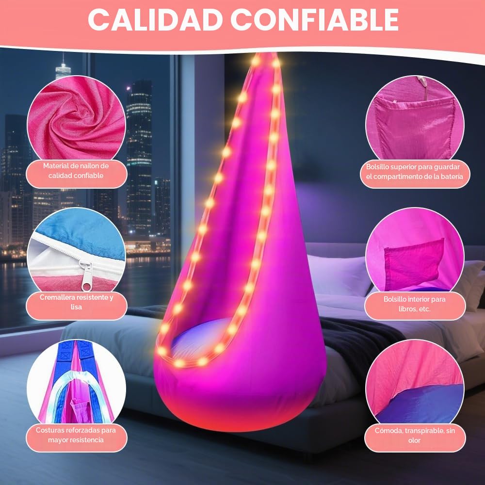 Cueva colgante, asiento de columpio con LED y cojín inflable, asiento colgante con bomba, soporta hasta 80 kg – 70 x 150 cm (rosa)
