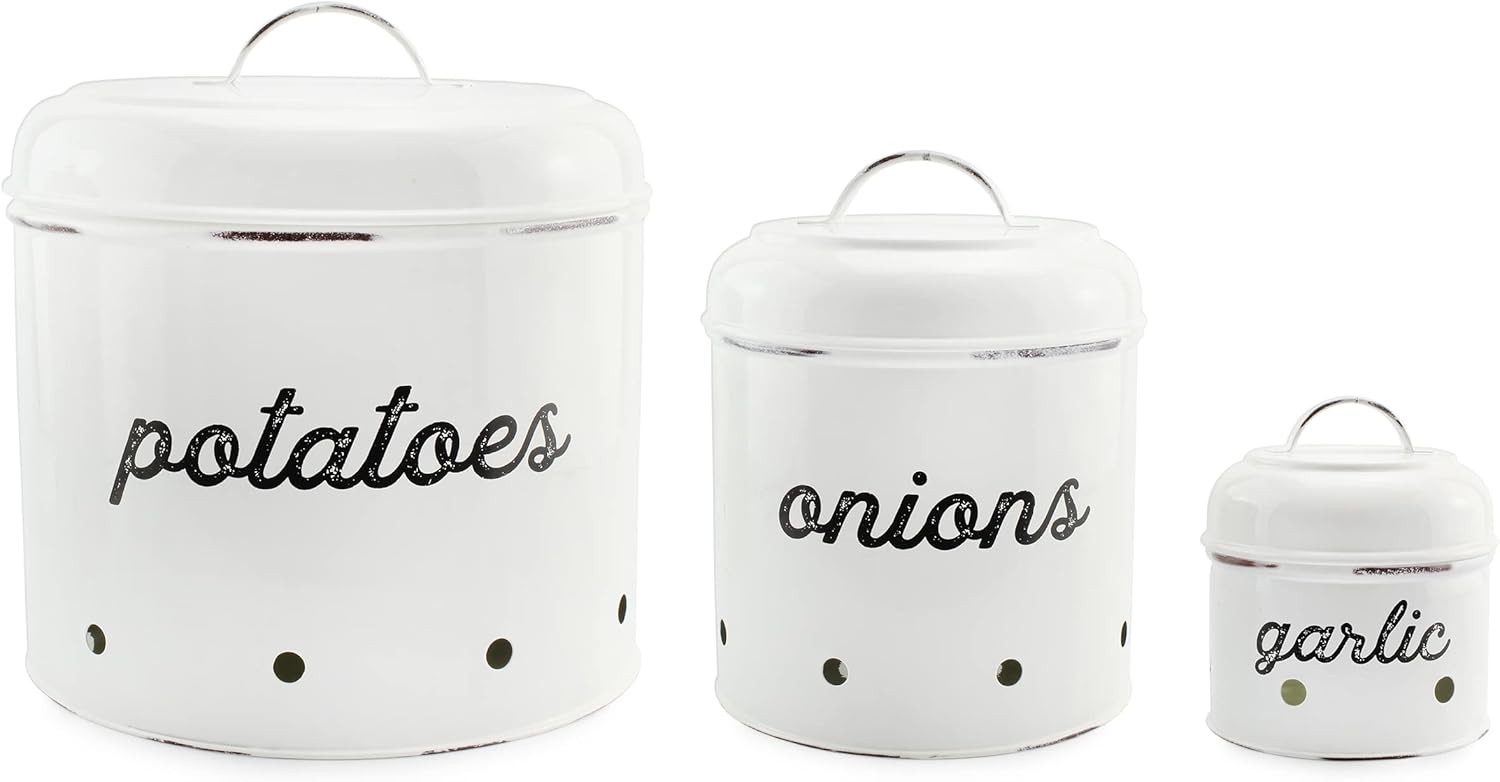 Buy AuldHome Potatoes, Onions and Garlic Canister Set; Rustic White
