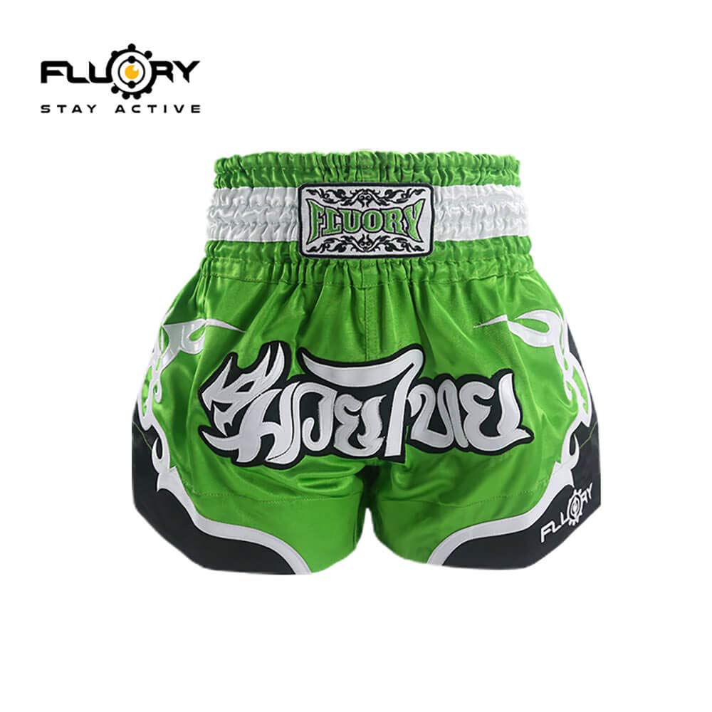 FLUORY Muay Thai Shorts, reißfeste Boxshorts MMA Kampfkick Bekleidung für Männer Frauen Kinder Kampfsport Training Grappling M grün - Image 2