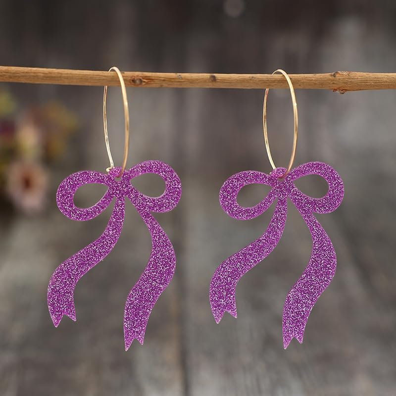 Colorful Resin Sequin Bow Dangle Drop Earrings Bohemian Sparkly Acrylic Bowknot Hoop Earrings for Women Spring Summer Wedding Party Dress Jewelry Gifts - Image 3