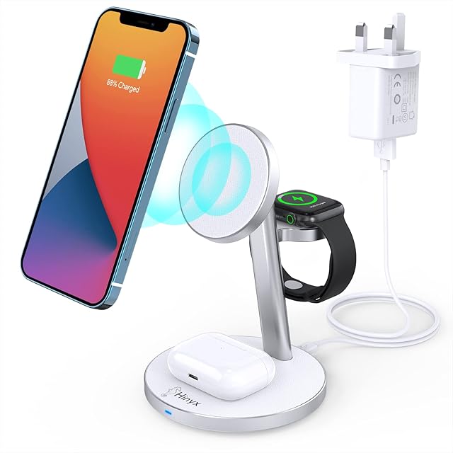 Hinyx Mag-safe Wireless Charger - Magnetic Charging Station for iPhone 14 Plus/14/13/12 Pro Max Pro Mini, iWatch 8/7/6/SE/5/4/3/2, AirPods 3/2/ Pro (with QC 3.0 Adapter)