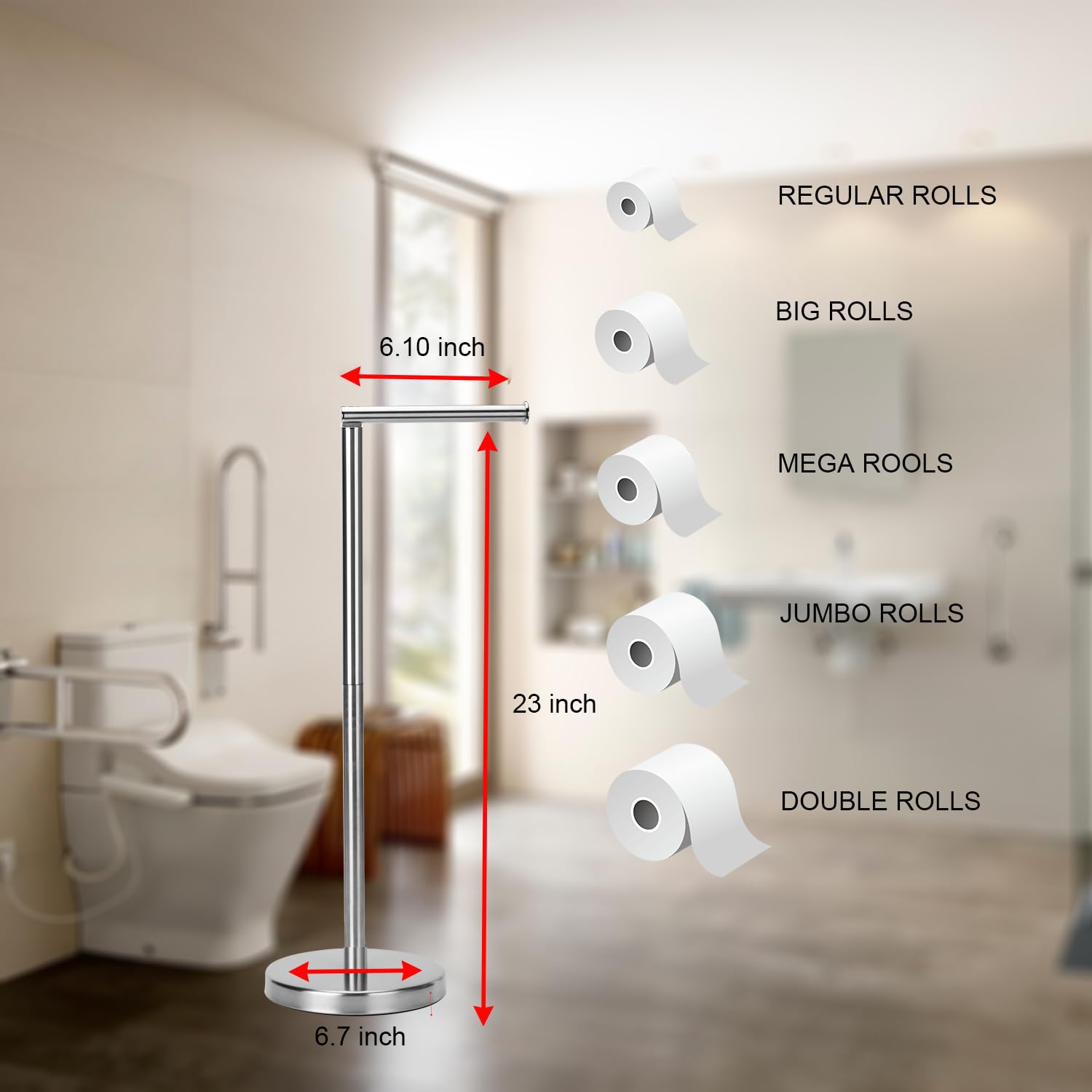 Kalitro Toilet Paper Holder Stand, 5 Rolls Large Storage Tissue Roll Holder Free Standing for Bathroom, Modern Toilet Roll Holder - Brushed Nickle