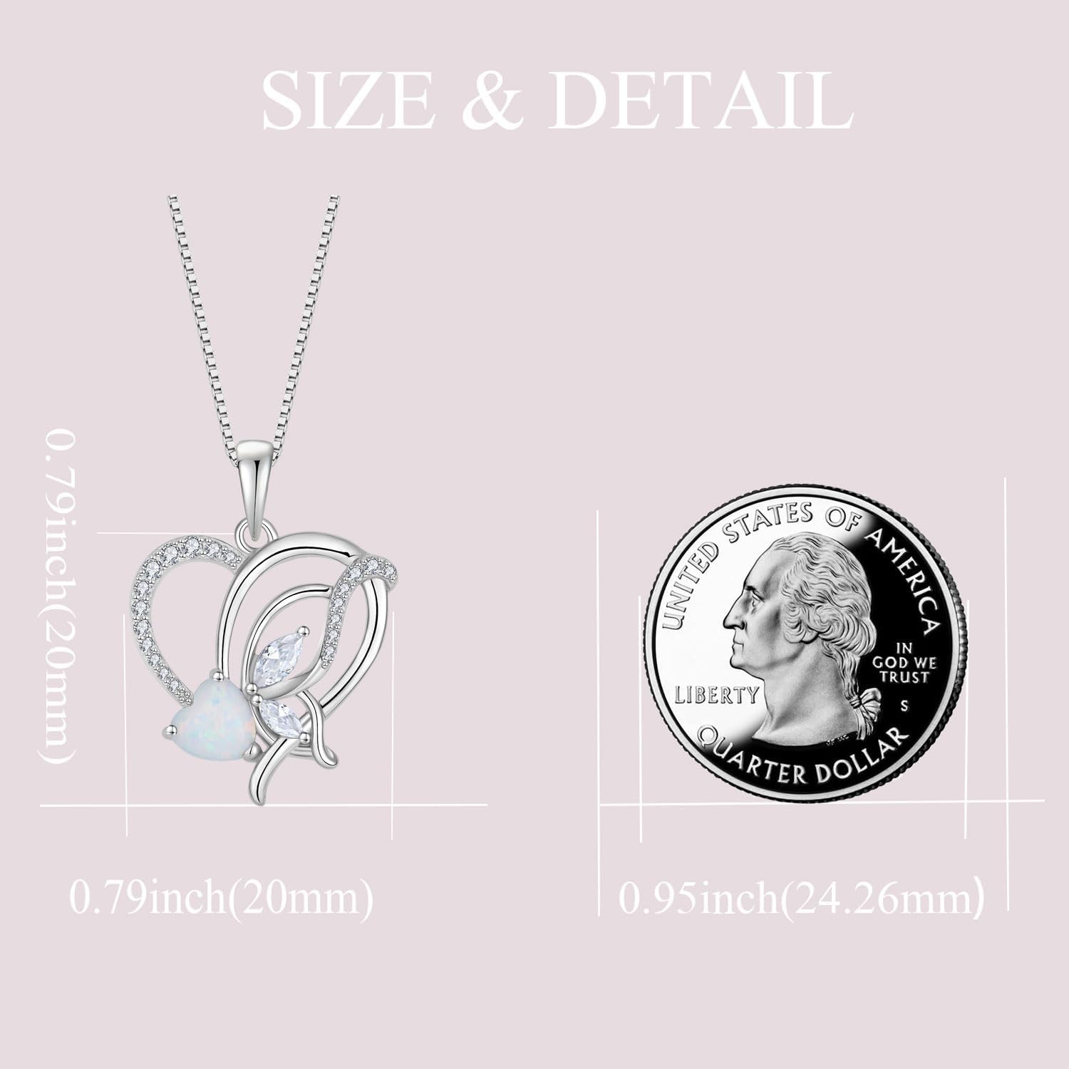 Opal Heart Necklace for Women 925 Sterling Silver Butterfly Pendant Birthstones Jewelry Gift